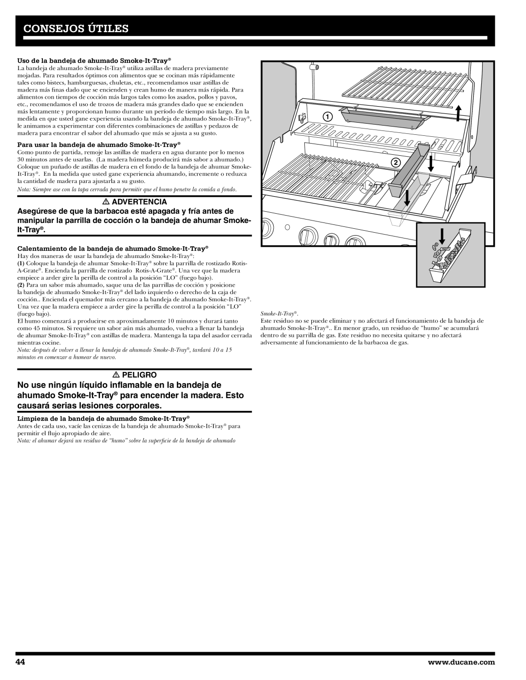 Ducane 3400 Consejos Útiles, Uso de la bandeja de ahumado Smoke-It-Tray, Para usar la bandeja de ahumado Smoke-It-Tray 