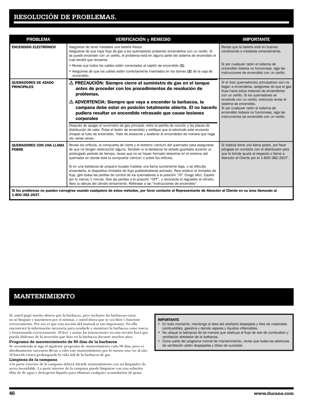 Ducane 3400 owner manual Resolución DE Problemas, Mantenimiento, Programa de mantenimiento de 90 días de la barbacoa 