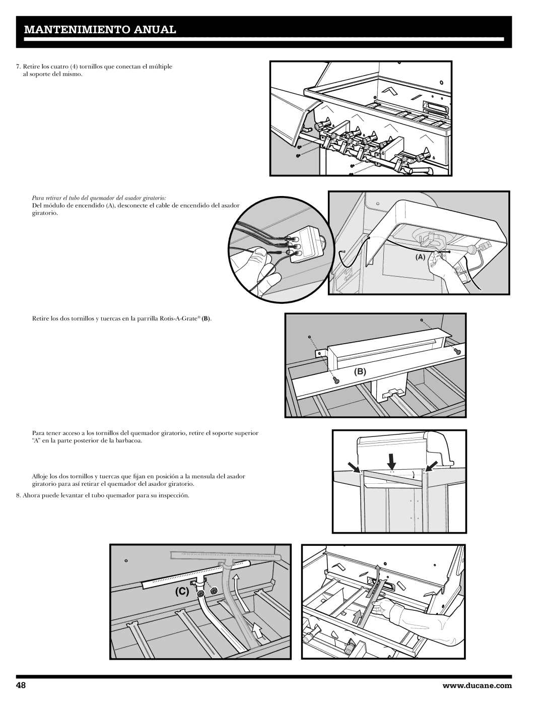 Ducane 3400 owner manual Para retirar el tubo del quemador del asador giratorio 