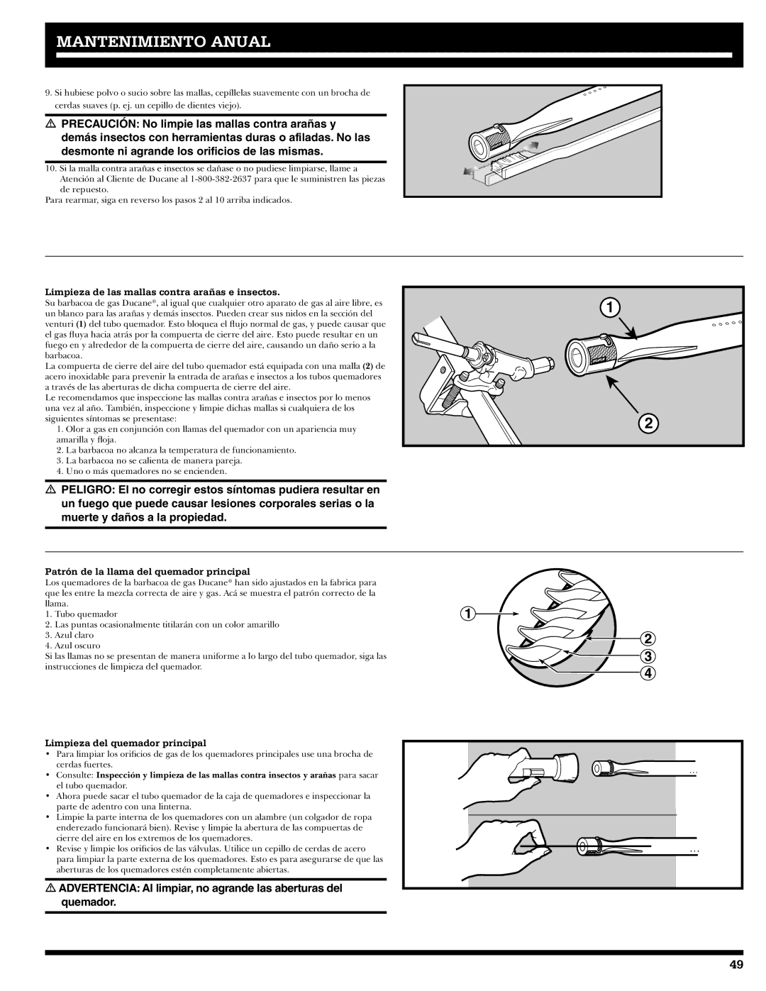 Ducane 3400 owner manual Limpieza de las mallas contra arañas e insectos, Patrón de la llama del quemador principal 