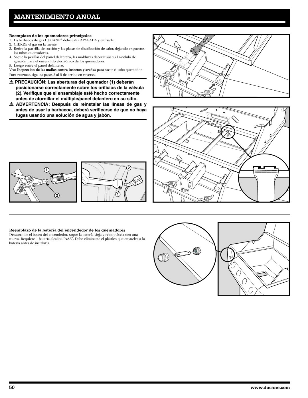 Ducane 3400 owner manual Reemplazo de los quemadores principales, Reemplazo de la batería del encendedor de los quemadores 