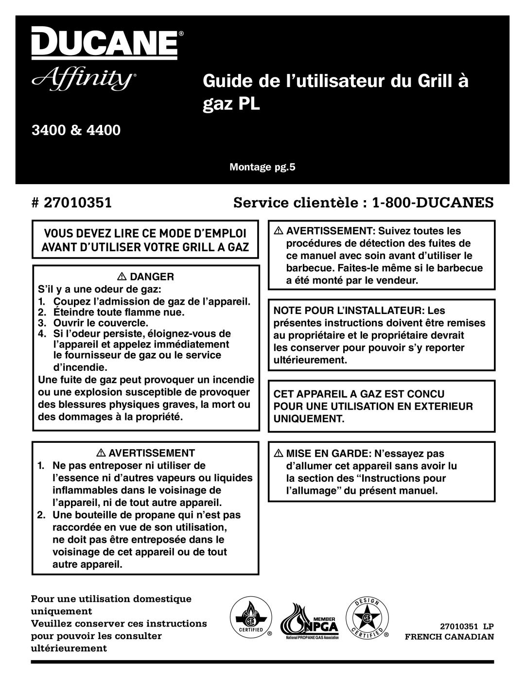 Ducane 3400 owner manual Guide de l’utilisateur du Grill à gaz PL 