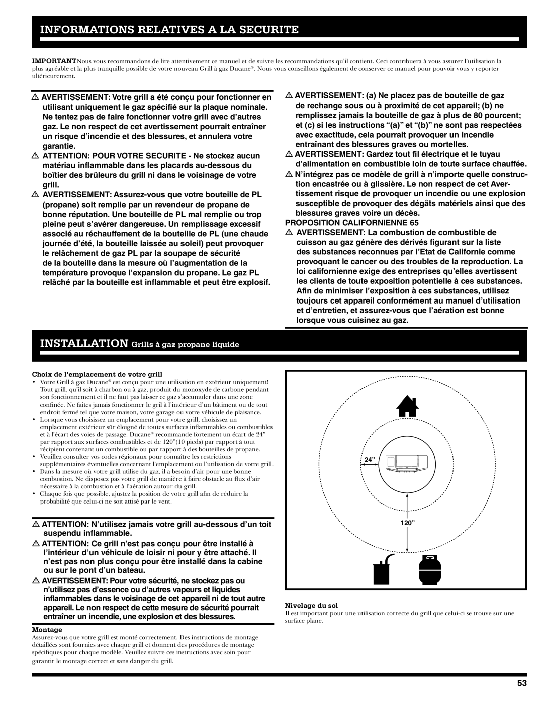 Ducane 3400 Informations Relatives a LA Securite, Choix de l’emplacement de votre grill, Montage, Nivelage du sol 