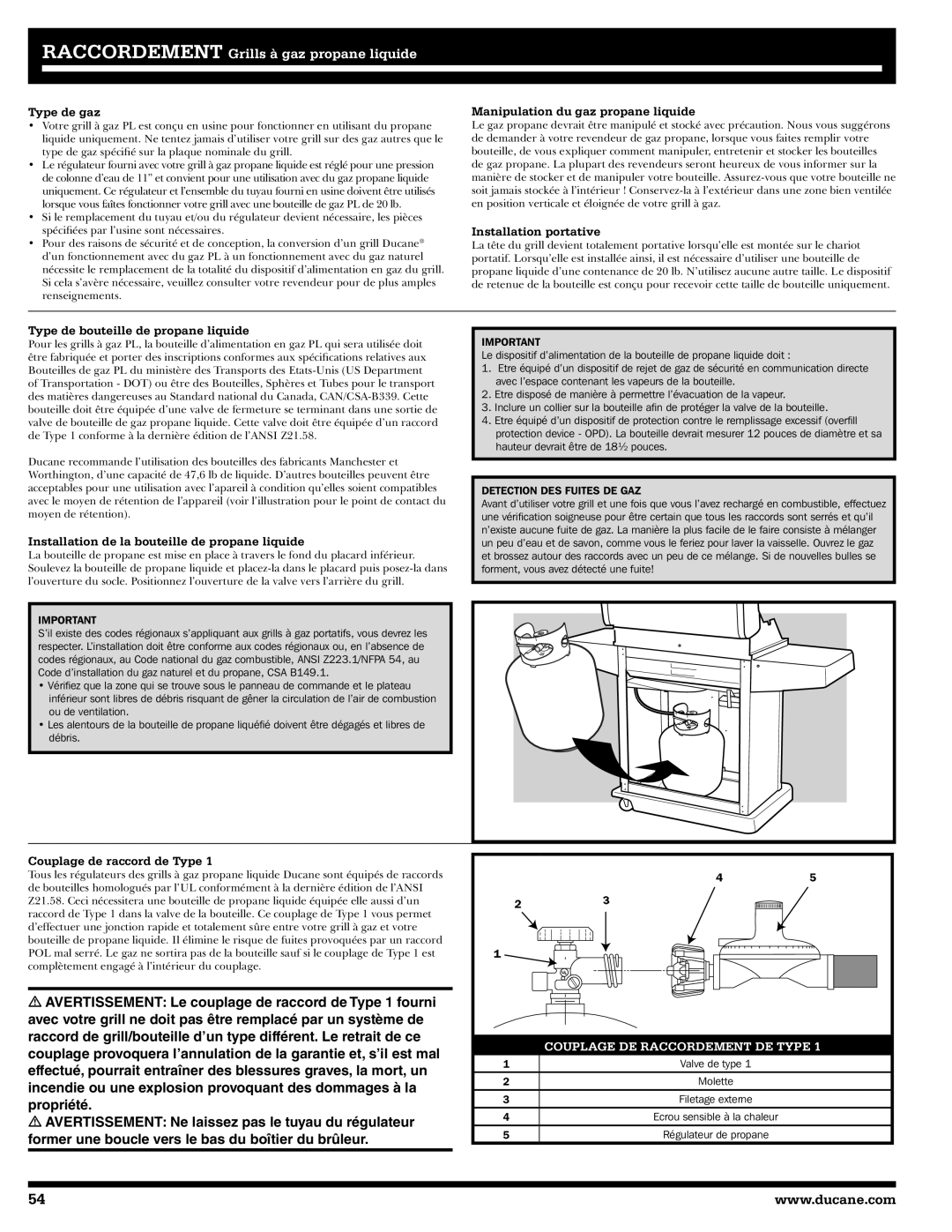 Ducane 3400 Type de gaz, Manipulation du gaz propane liquide, Installation portative, Type de bouteille de propane liquide 