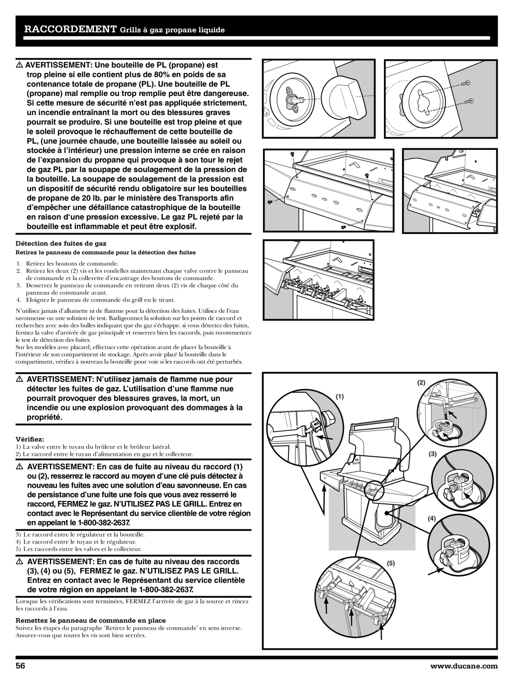 Ducane 3400 owner manual Détection des fuites de gaz, Vériﬁez, Remettez le panneau de commande en place 