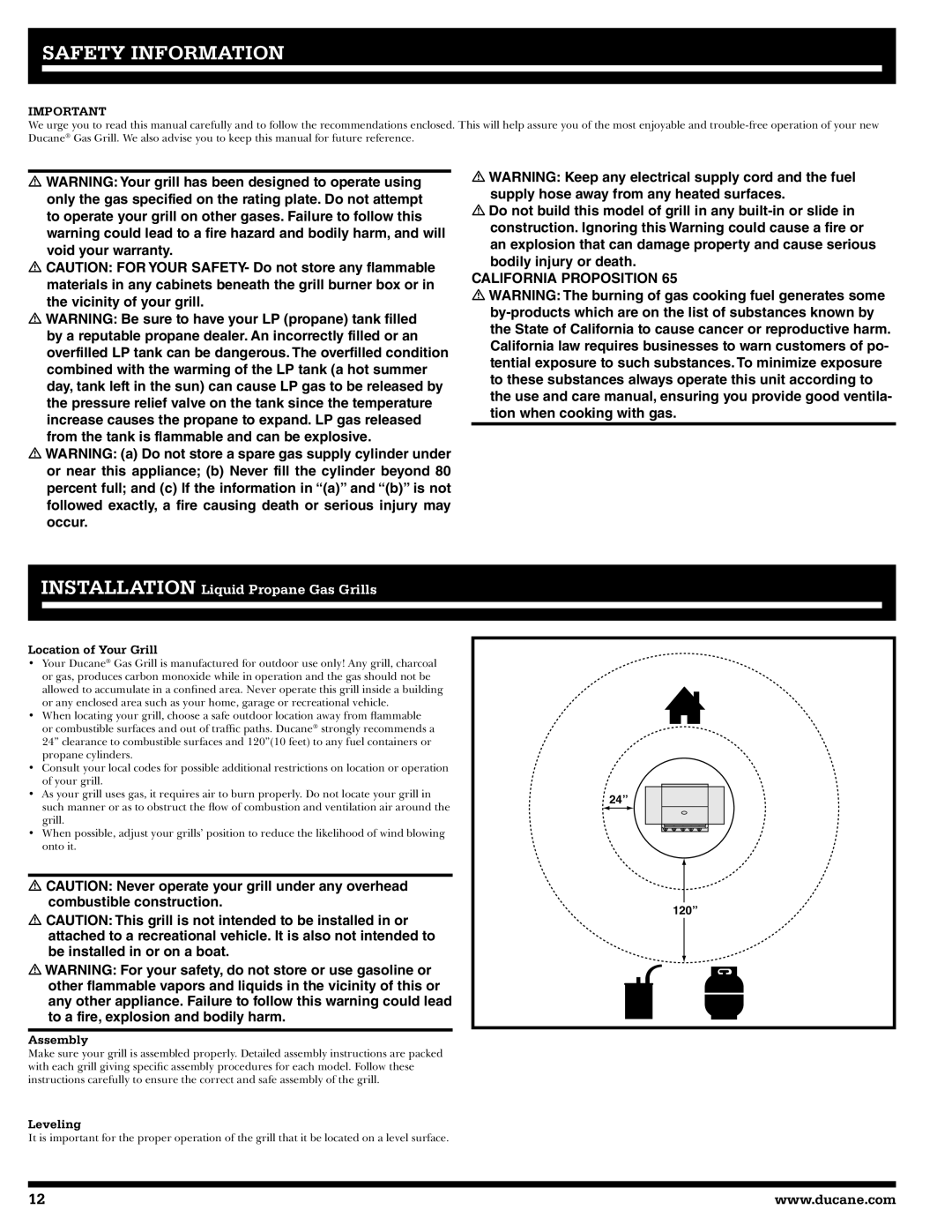 Ducane 3400 owner manual Safety Information, Location of Your Grill, Assembly, Leveling 