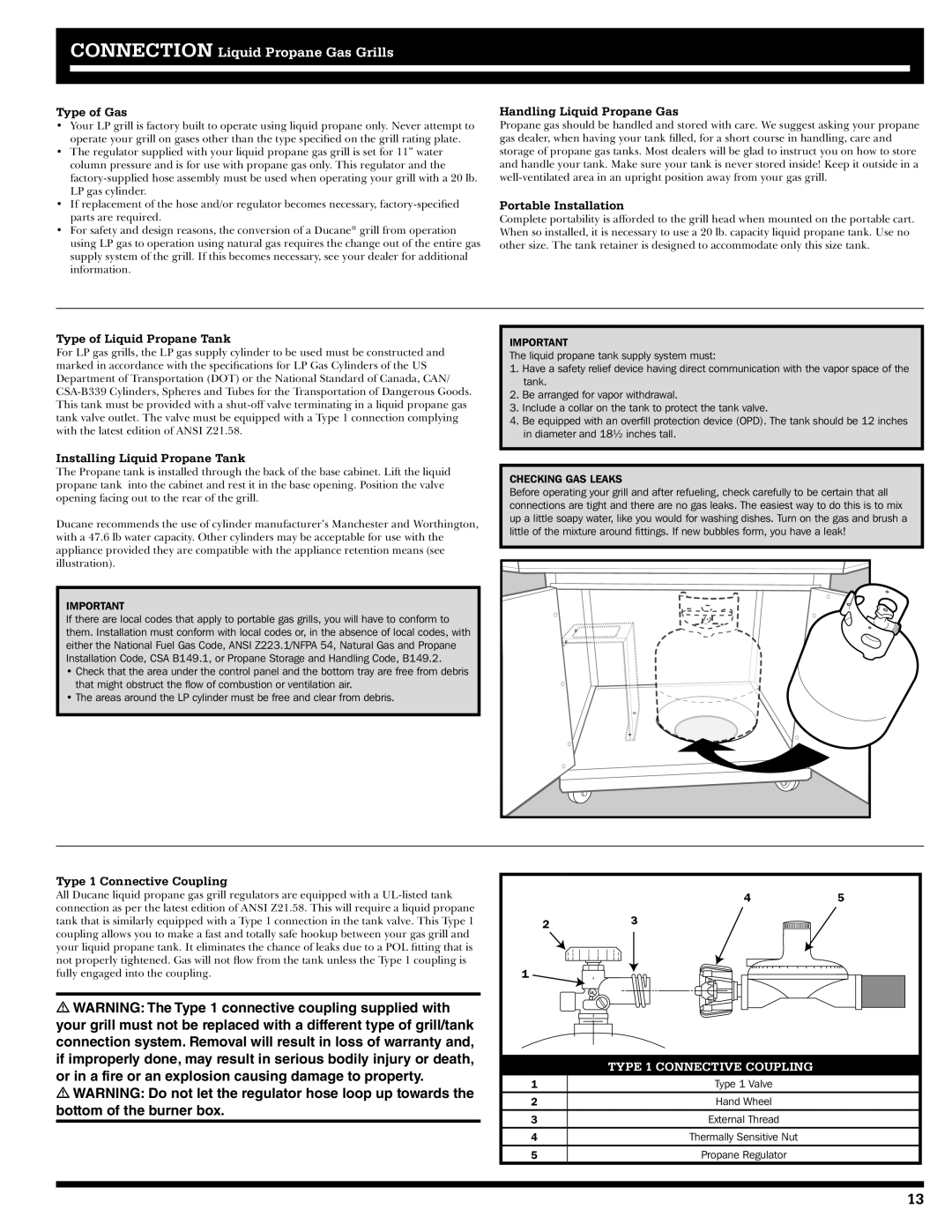 Ducane 3400 owner manual Type of Gas, Handling Liquid Propane Gas, Portable Installation, Type of Liquid Propane Tank 