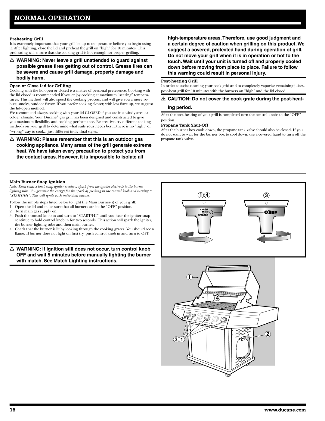 Ducane 3400 owner manual Preheating Grill, Open or Close Lid for Grilling, Post-heating Grill, Propane Tank Shut-Off 