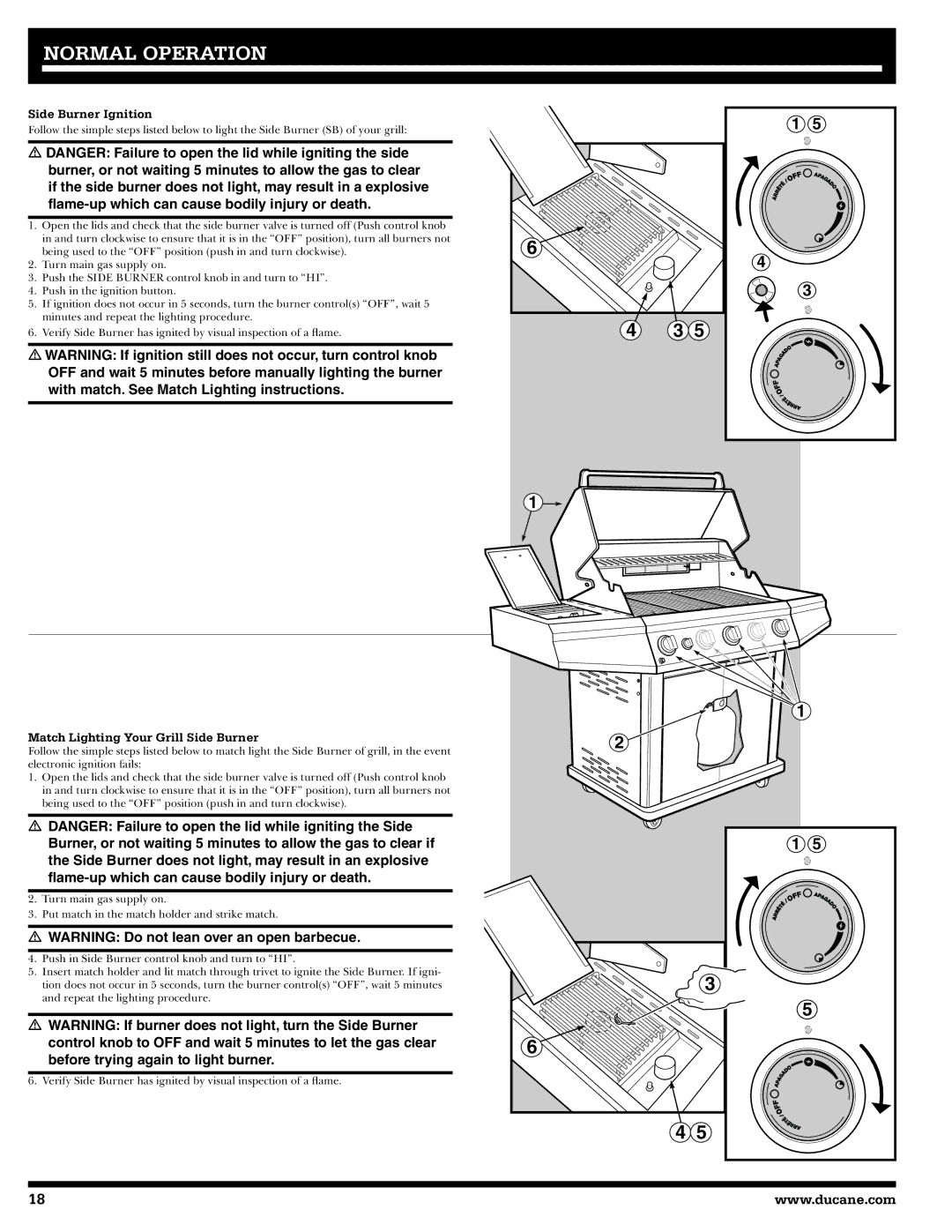 Ducane 3400 owner manual Side Burner Ignition, Match Lighting Your Grill Side Burner 