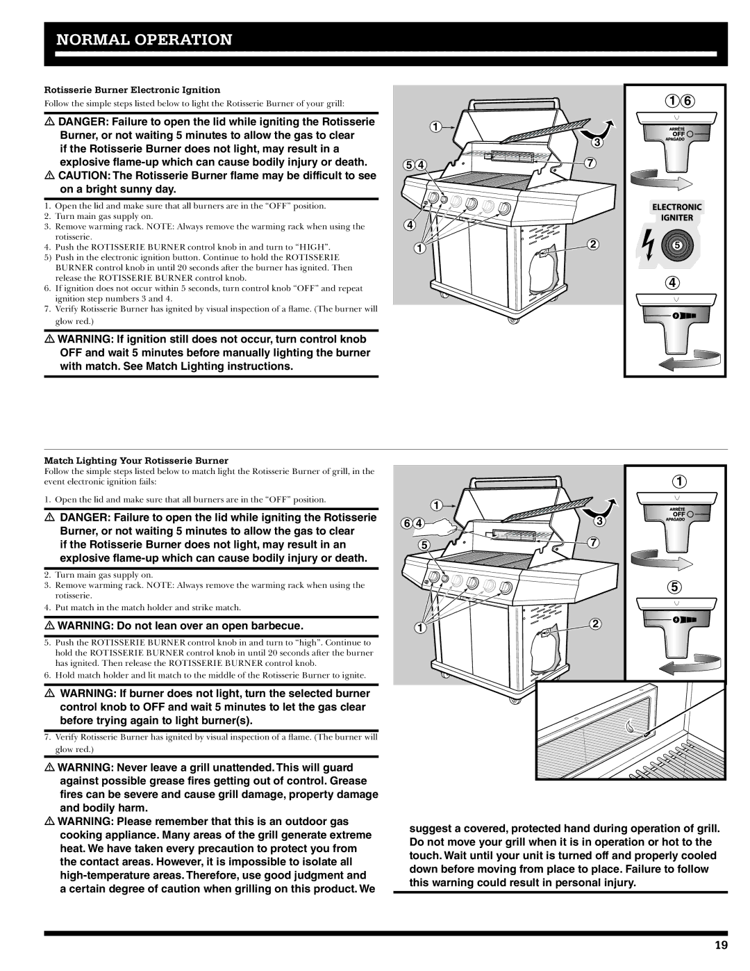 Ducane 3400 owner manual Rotisserie Burner Electronic Ignition, Match Lighting Your Rotisserie Burner 