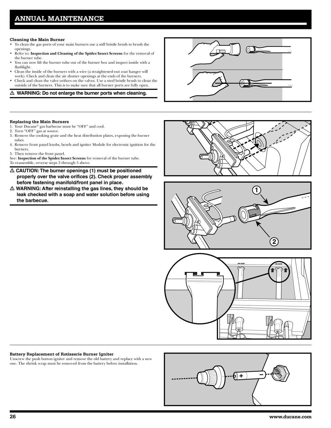 Ducane 3400 Cleaning the Main Burner, Replacing the Main Burners, Battery Replacement of Rotisserie Burner Igniter 