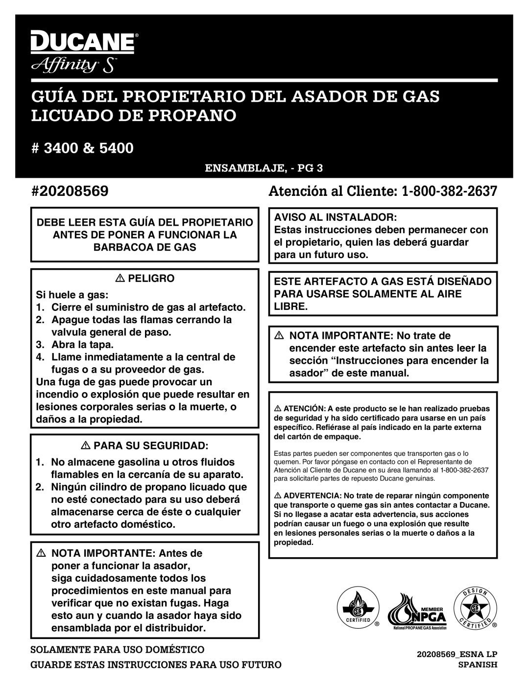 Ducane 3400 owner manual Guía DEL Propietario DEL Asador DE GAS Licuado DE Propano, Ensamblaje, Pg 