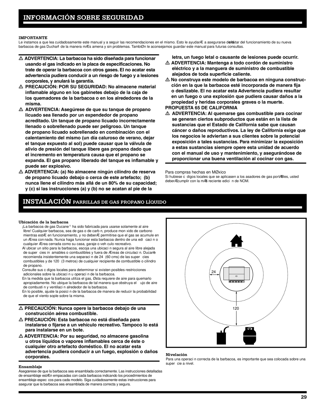 Ducane 3400 owner manual Información Sobre Seguridad, Ubicación de la barbacoa, Ensamblaje, Nivelación 