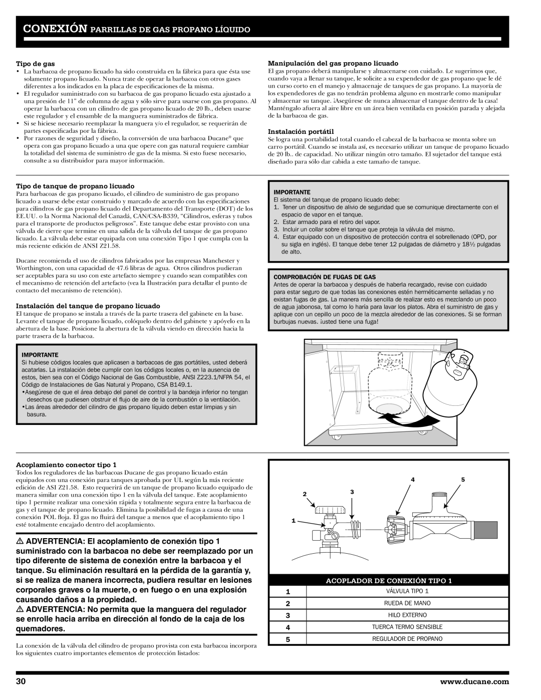 Ducane 3400 Tipo de gas, Manipulación del gas propano licuado, Instalación portátil, Tipo de tanque de propano licuado 