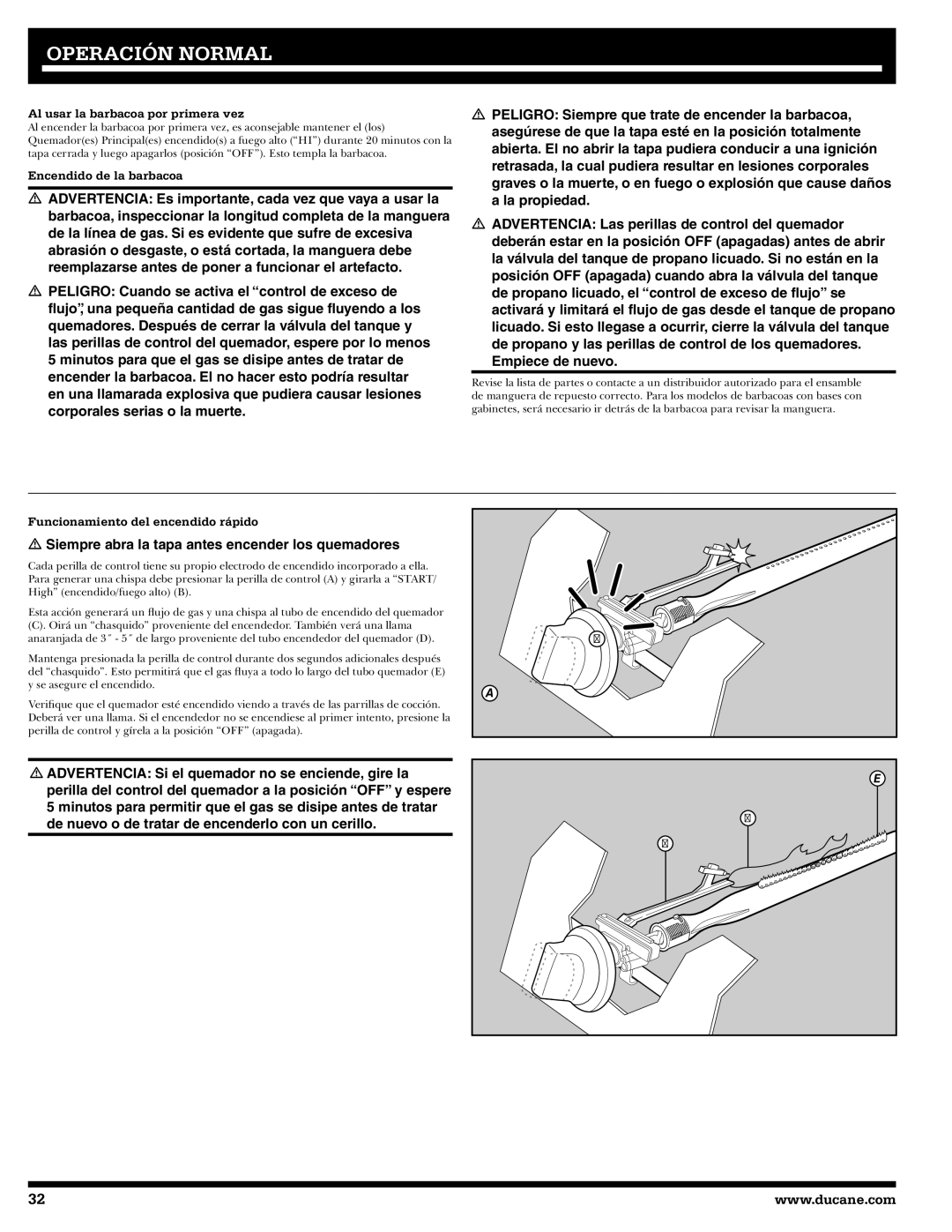 Ducane 3400 owner manual Operación Normal, Al usar la barbacoa por primera vez, Encendido de la barbacoa 