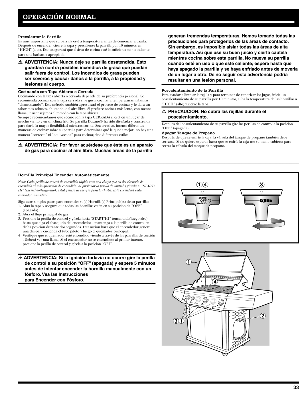 Ducane 3400 owner manual Precalentar la Parrilla, Cocinando con Tapa Abierta o Cerrada, Poscalentamiento de la Parrilla 