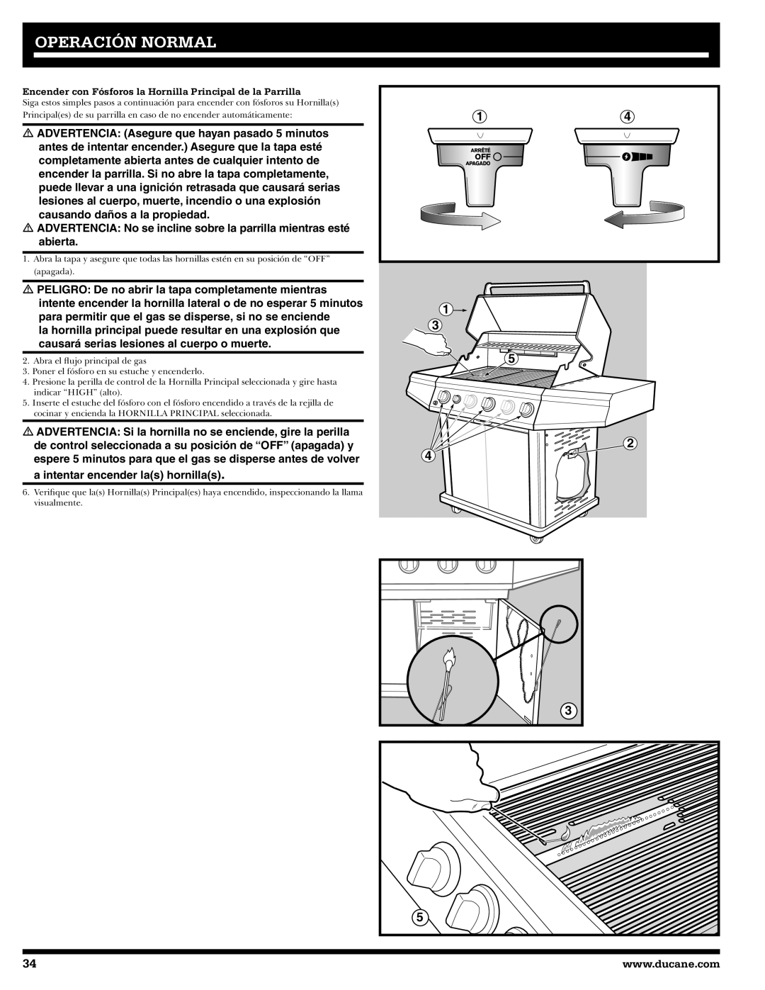 Ducane 3400 owner manual Encender con Fósforos la Hornilla Principal de la Parrilla 