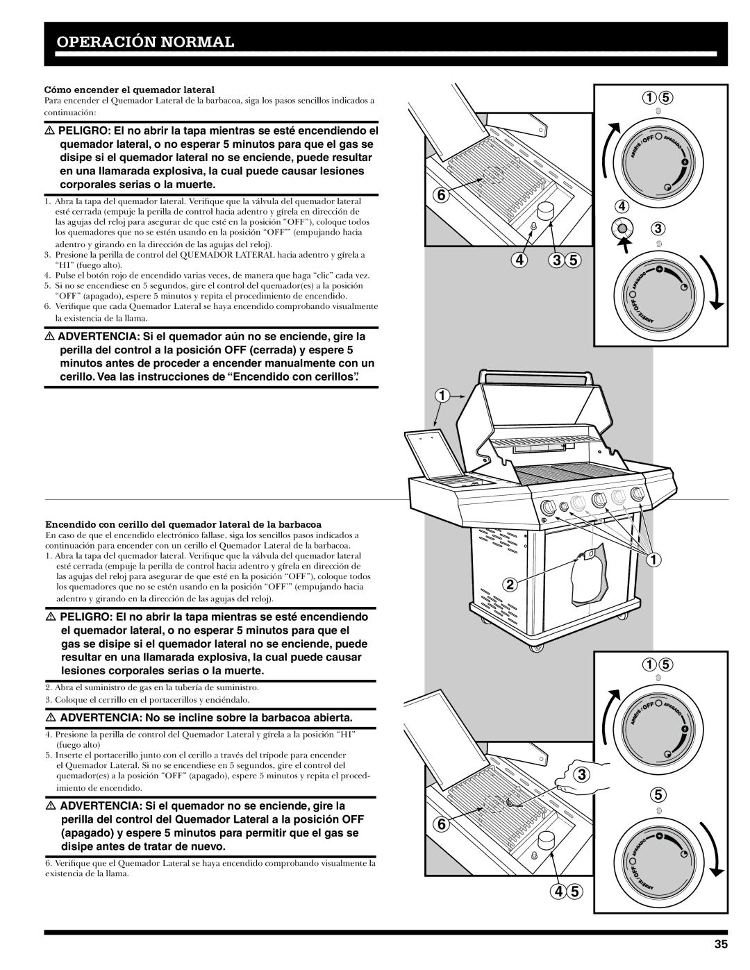 Ducane 3400 owner manual Cómo encender el quemador lateral, Encendido con cerillo del quemador lateral de la barbacoa 