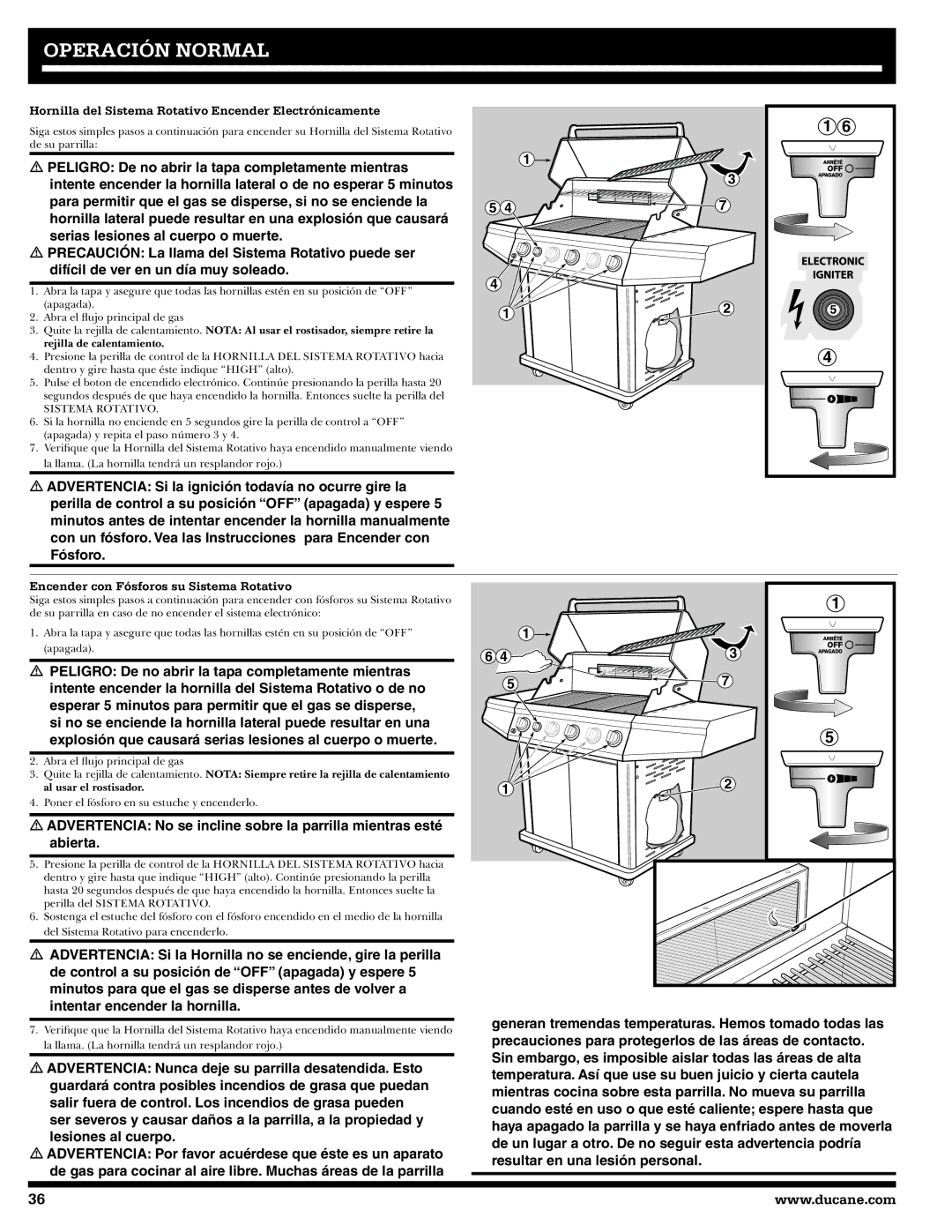 Ducane 3400 owner manual Hornilla del Sistema Rotativo Encender Electrónicamente, Encender con Fósforos su Sistema Rotativo 