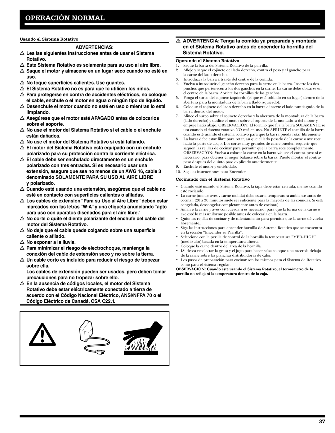 Ducane 3400 owner manual Usando el Sistema Rotativo, Operando el Sistema Rotativo, Cocinando con el Sistema Rotativo 