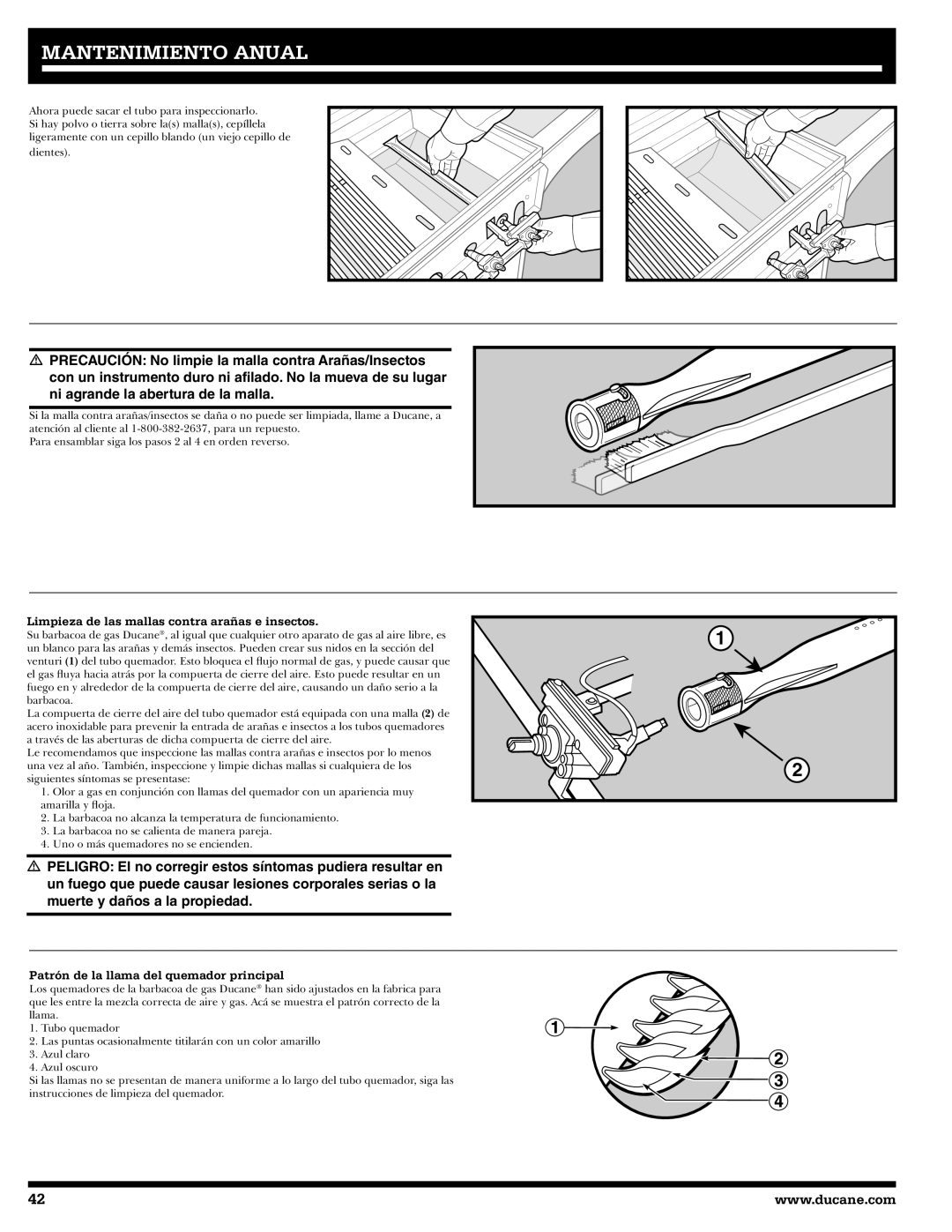 Ducane 3400 owner manual Limpieza de las mallas contra arañas e insectos, Patrón de la llama del quemador principal 