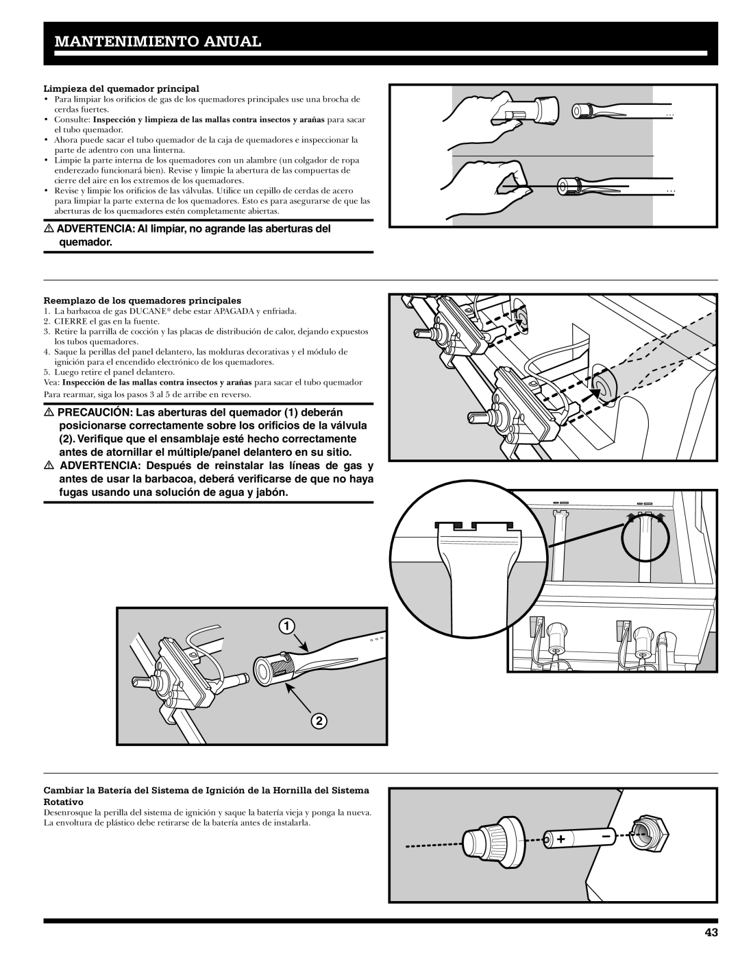 Ducane 3400 owner manual Limpieza del quemador principal, Reemplazo de los quemadores principales 