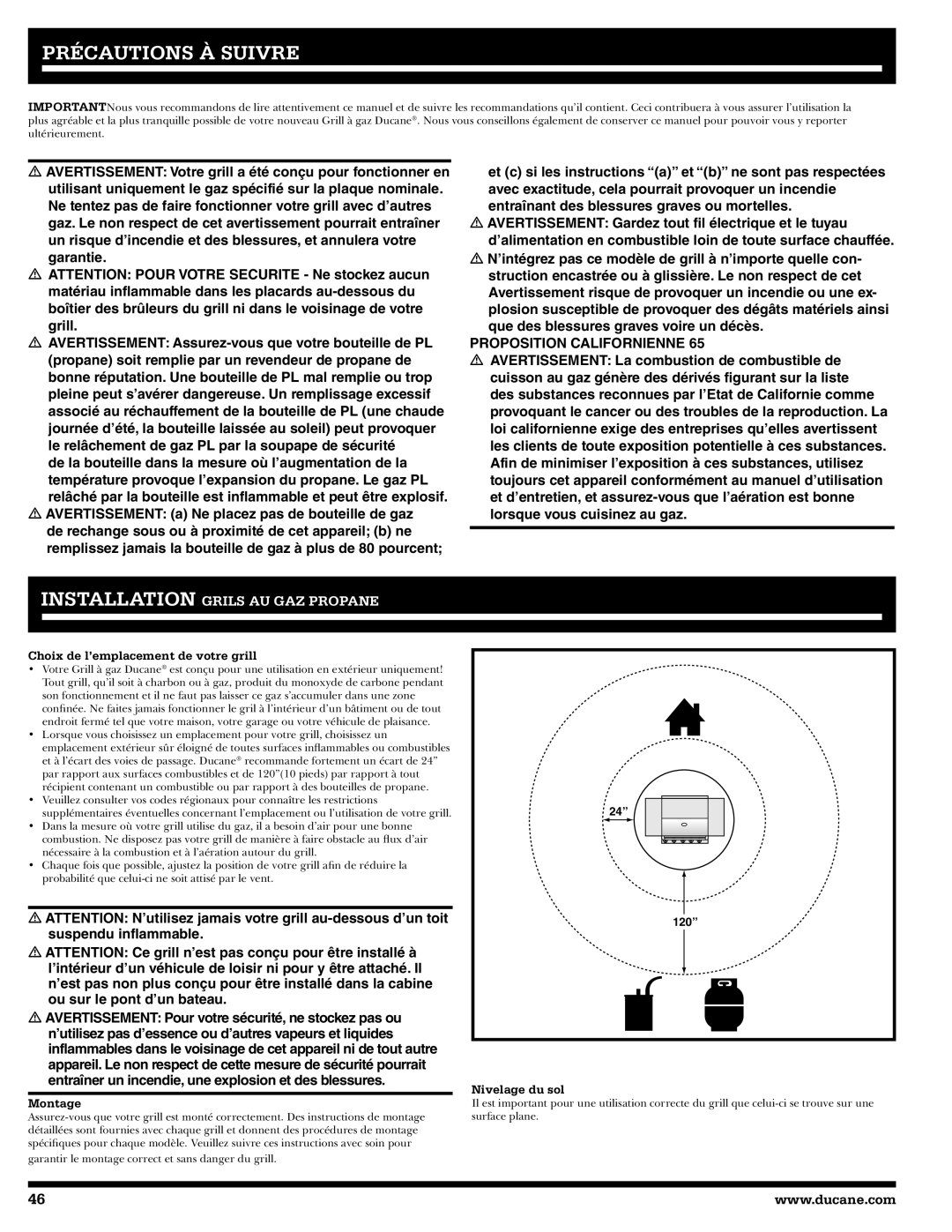 Ducane 3400 owner manual Précautions À Suivre, Choix de l’emplacement de votre grill, Montage, Nivelage du sol 