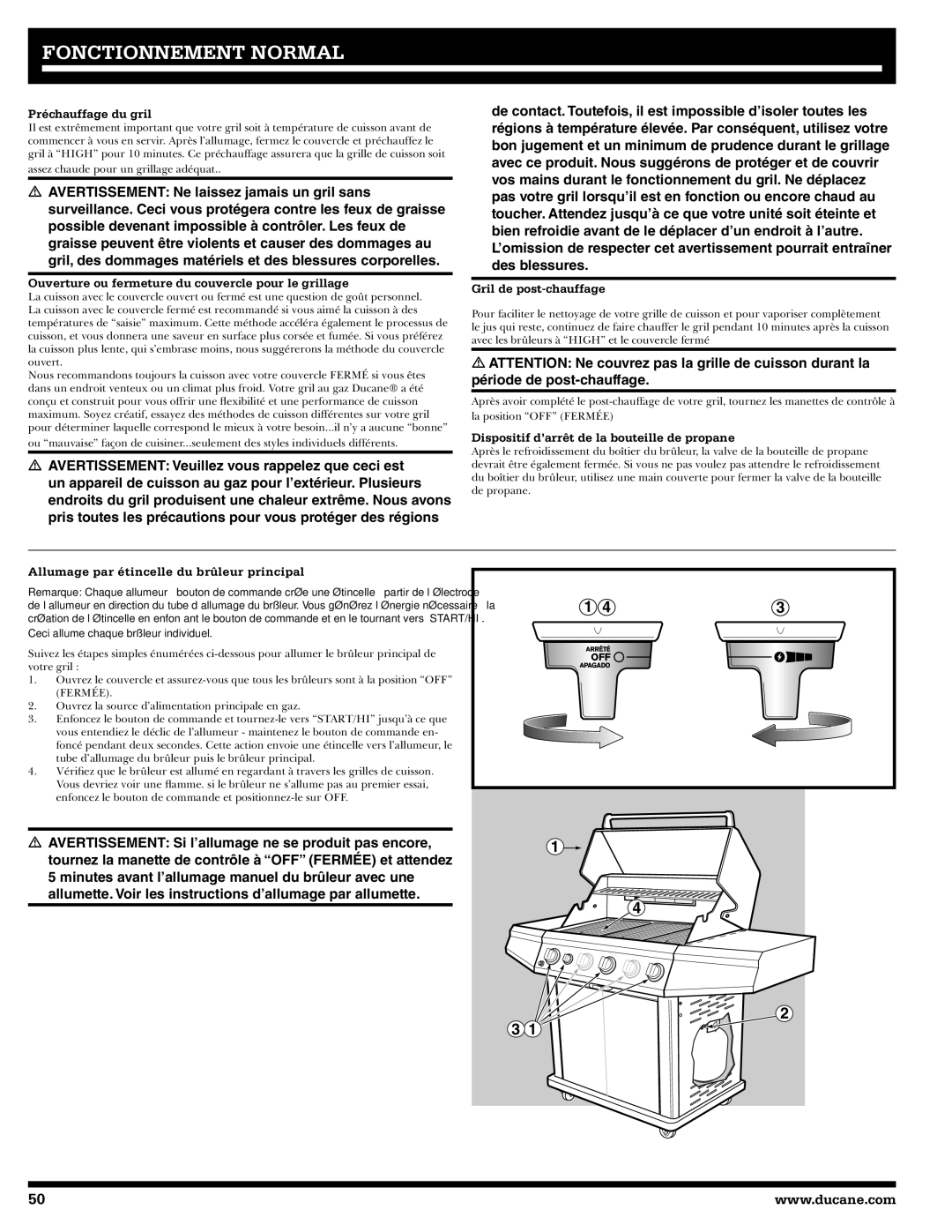 Ducane 3400 owner manual Préchauffage du gril, Ouverture ou fermeture du couvercle pour le grillage, Gril de post-chauffage 