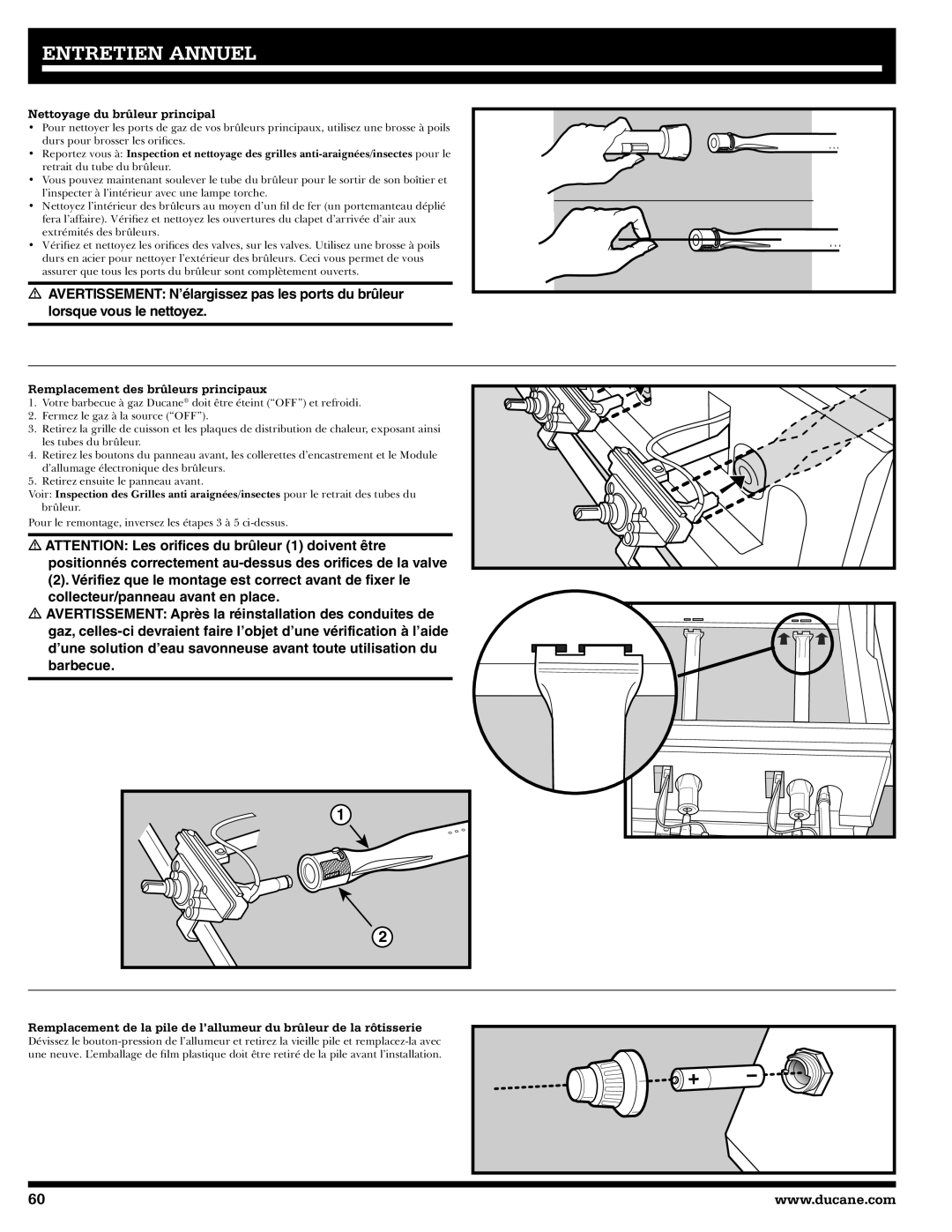 Ducane 3400 owner manual Nettoyage du brûleur principal, Remplacement des brûleurs principaux 