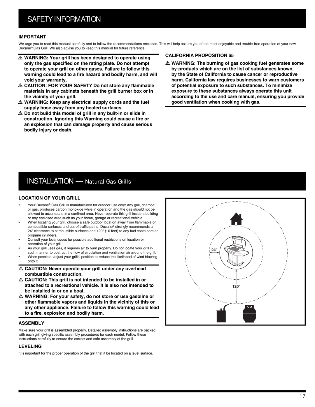 Ducane 3400 owner manual Safety Information, California Proposition, Location of Your Grill, Assembly, Leveling 