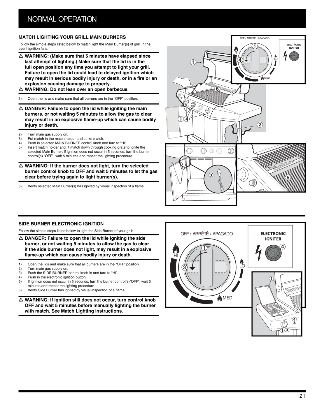 Ducane 3400 owner manual Match Lighting Your Grill Main Burners, Side Burner Electronic Ignition 