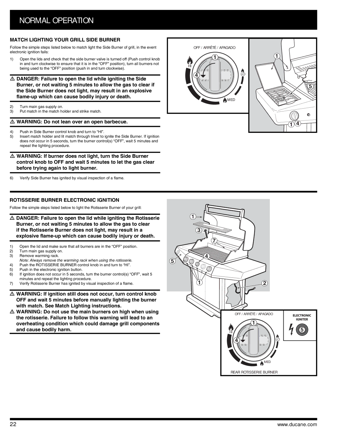 Ducane 3400 owner manual Match Lighting Your Grill Side Burner, Rotisserie Burner Electronic Ignition 