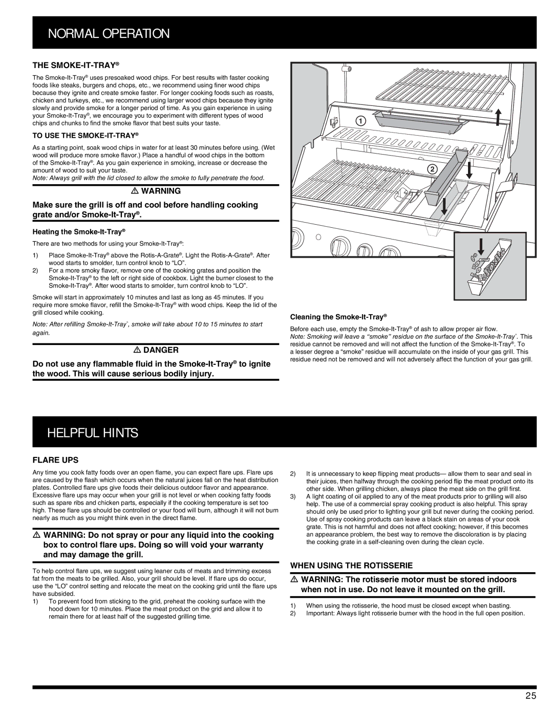 Ducane 3400 owner manual Helpful Hints, Smoke-It-Tray, Flare UPS, When Using the Rotisserie, To USE the SMOKE-IT-TRAY 