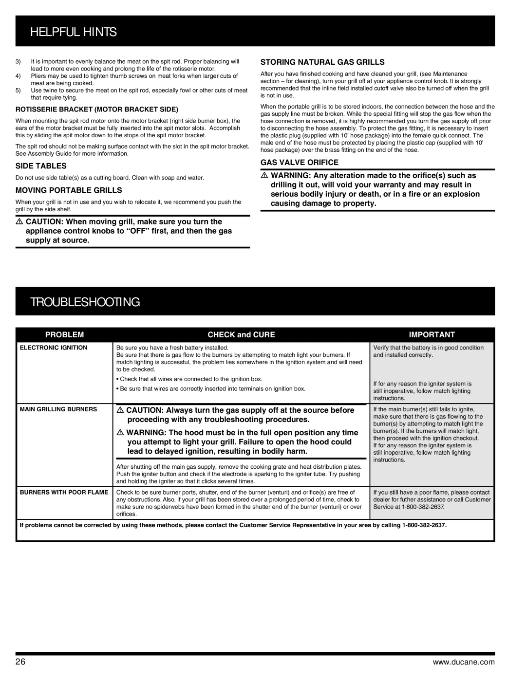 Ducane 3400 Troubleshooting, Side Tables, Moving Portable Grills, Storing Natural GAS Grills, GAS Valve Orifice 