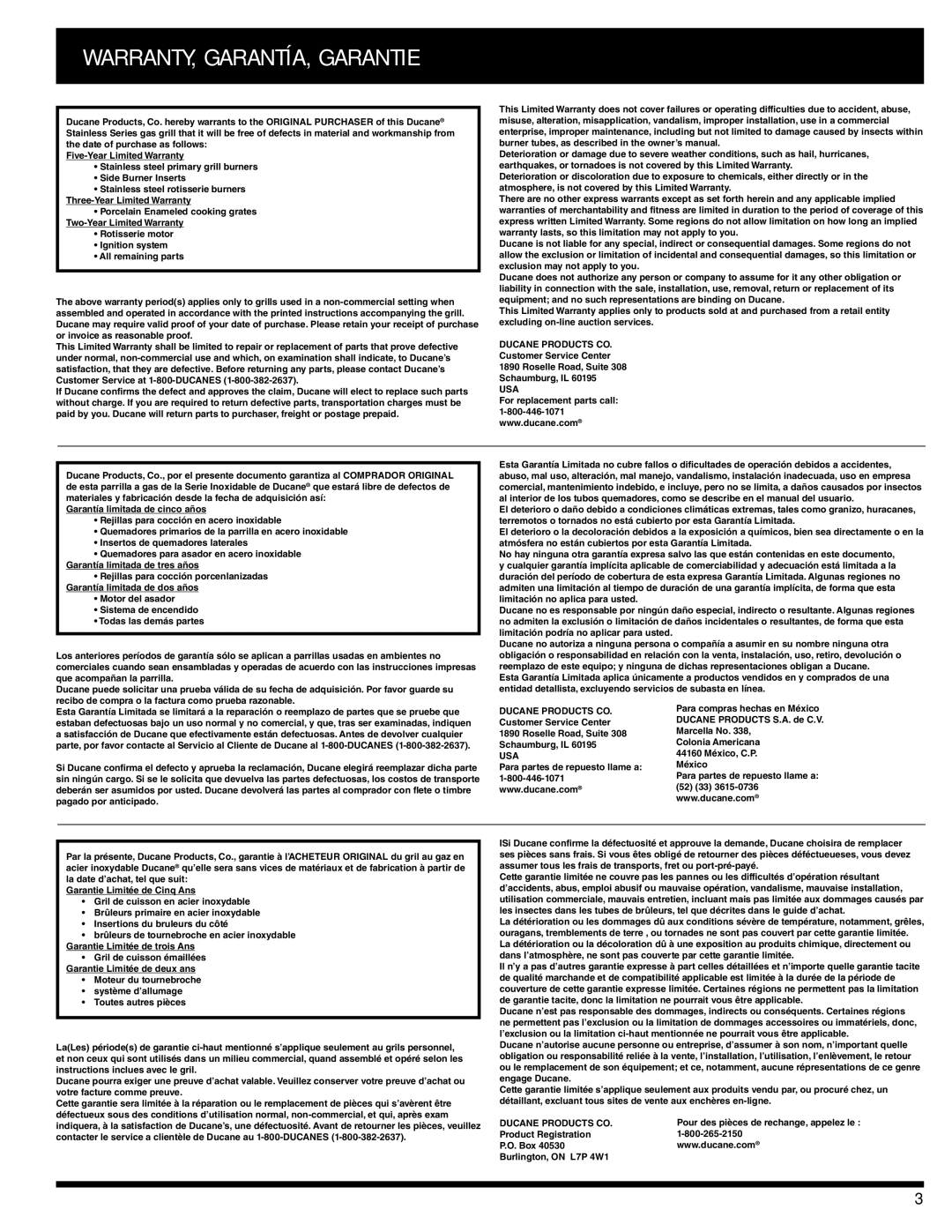 Ducane 3400 owner manual WARRANTY, GARANTÍA, Garantie, Ducane Products CO 