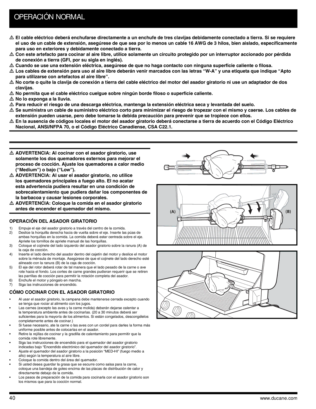 Ducane 3400 owner manual Operación DEL Asador Giratorio, Cómo Cocinar CON EL Asador Giratorio 