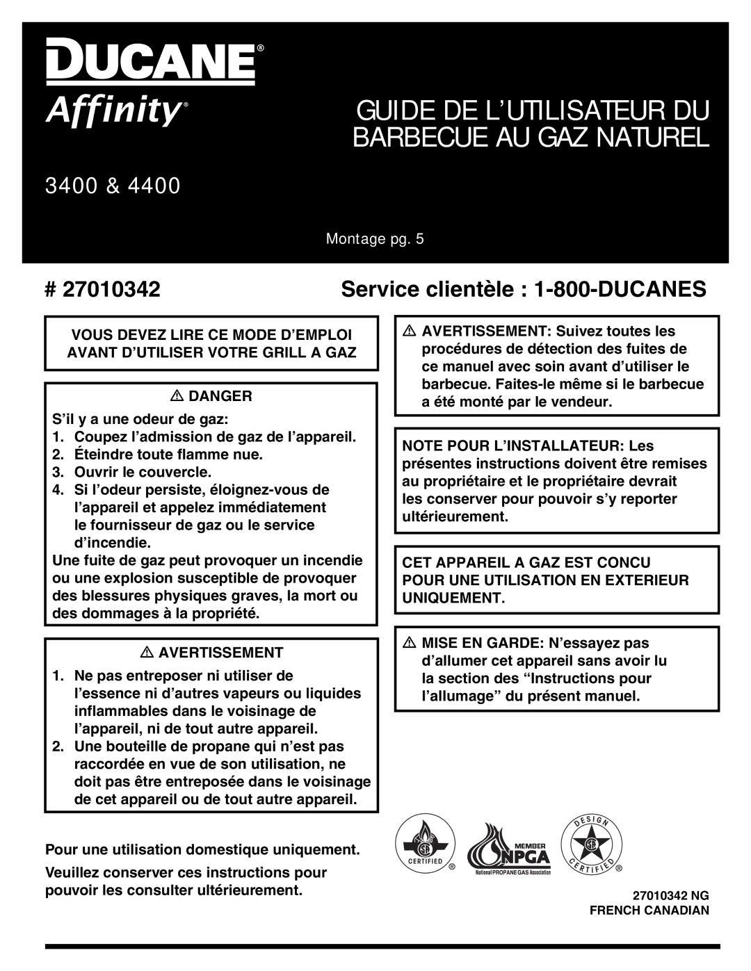 Ducane 3400 owner manual Guide DE L’UTILISATEUR DU Barbecue AU GAZ Naturel 