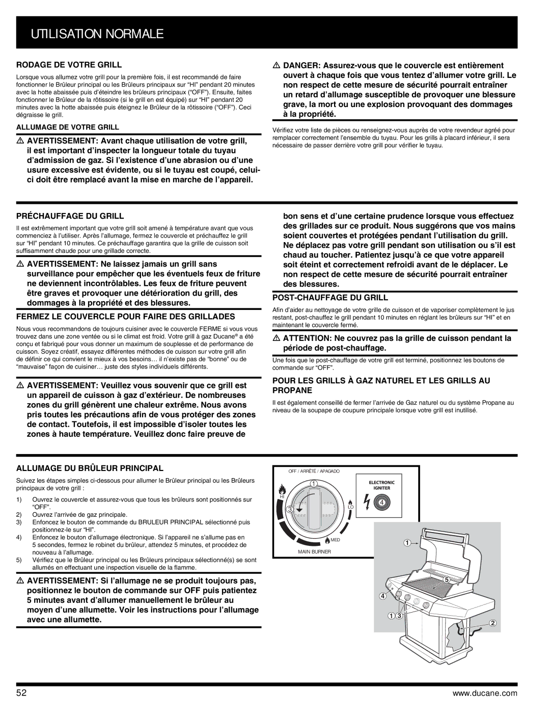 Ducane 3400 owner manual Utilisation Normale 