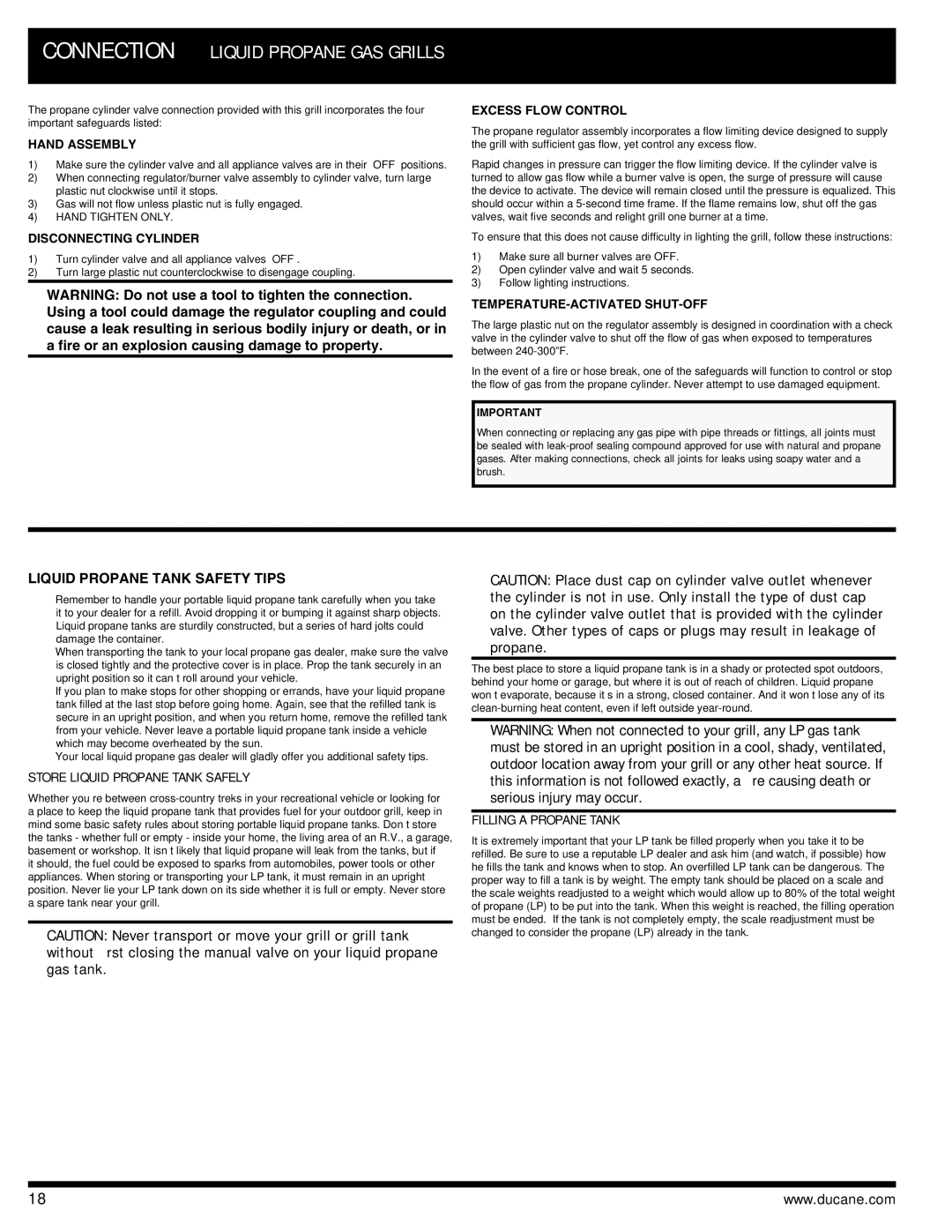 Ducane 3400 owner manual Liquid Propane Tank Safety Tips, Hand Assembly, Disconnecting Cylinder, Excess Flow Control 