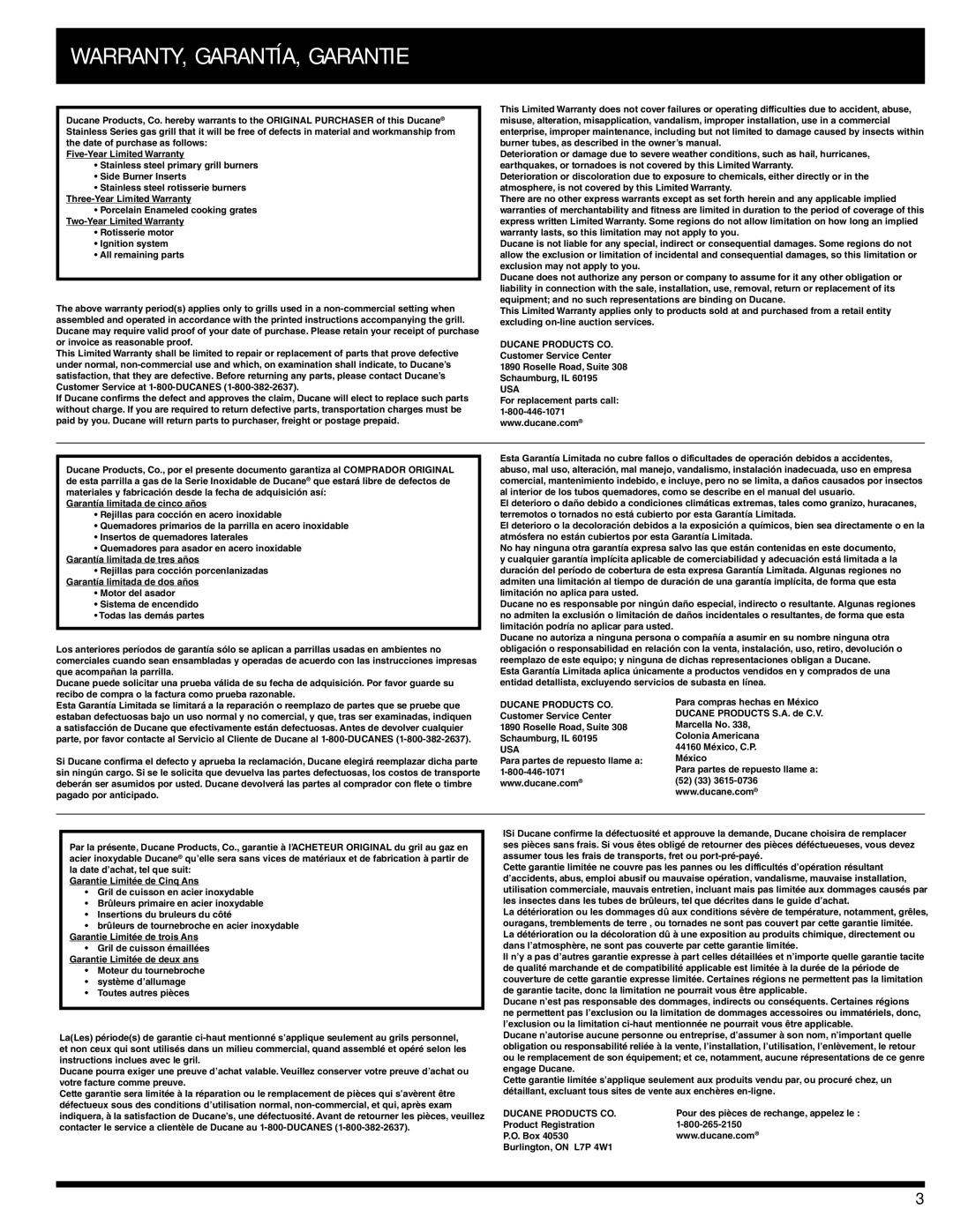 Ducane 3400 owner manual WARRANTY, GARANTÍA, Garantie, Ducane Products CO 