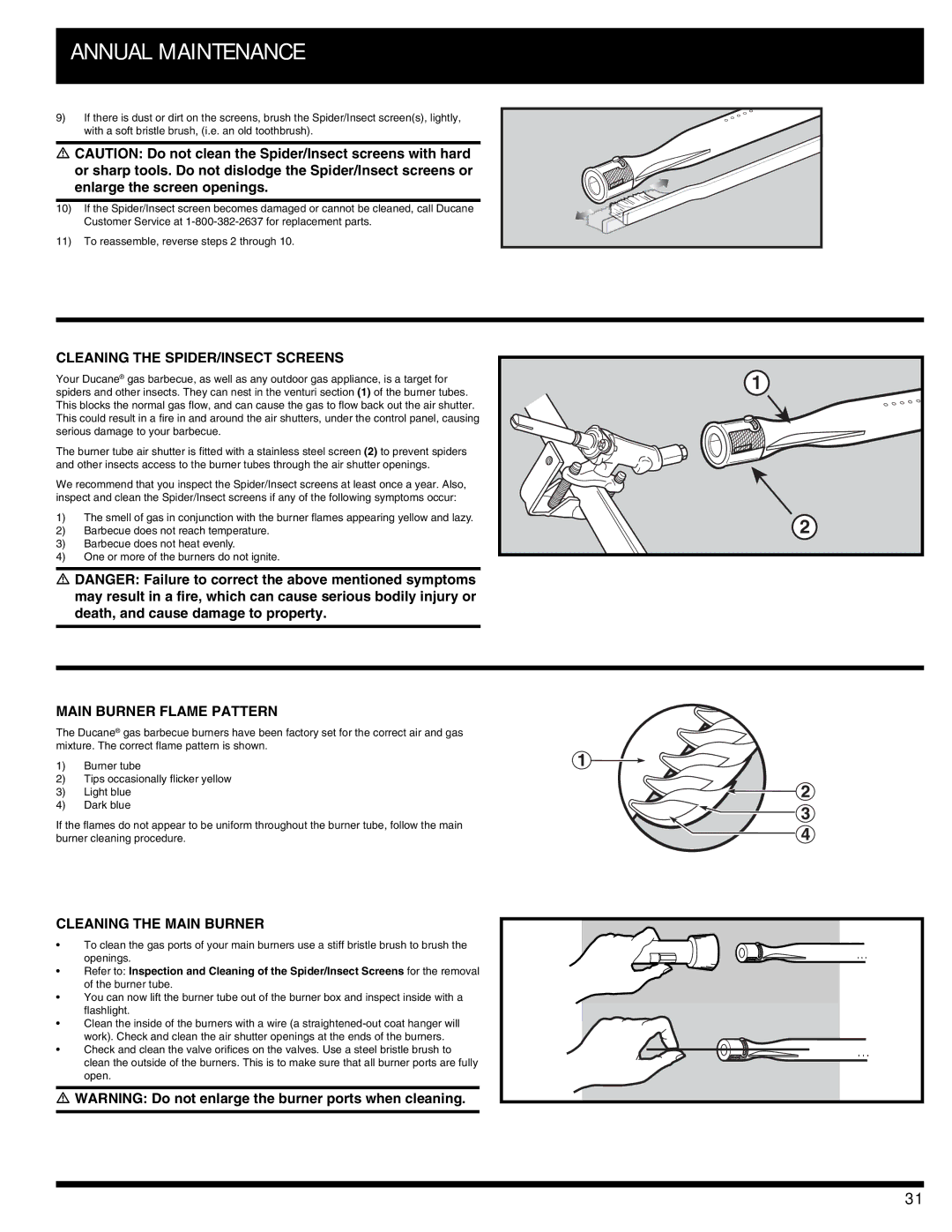 Ducane 3400 owner manual Cleaning the SPIDER/INSECT Screens, Main Burner Flame Pattern, Cleaning the Main Burner 