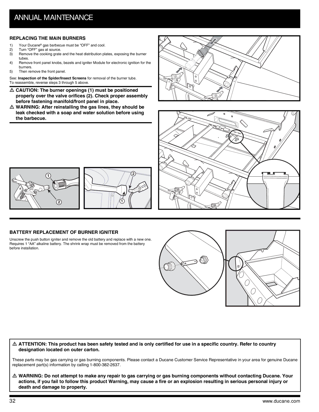 Ducane 3400 owner manual Replacing the Main Burners, Battery Replacement of Burner Igniter 