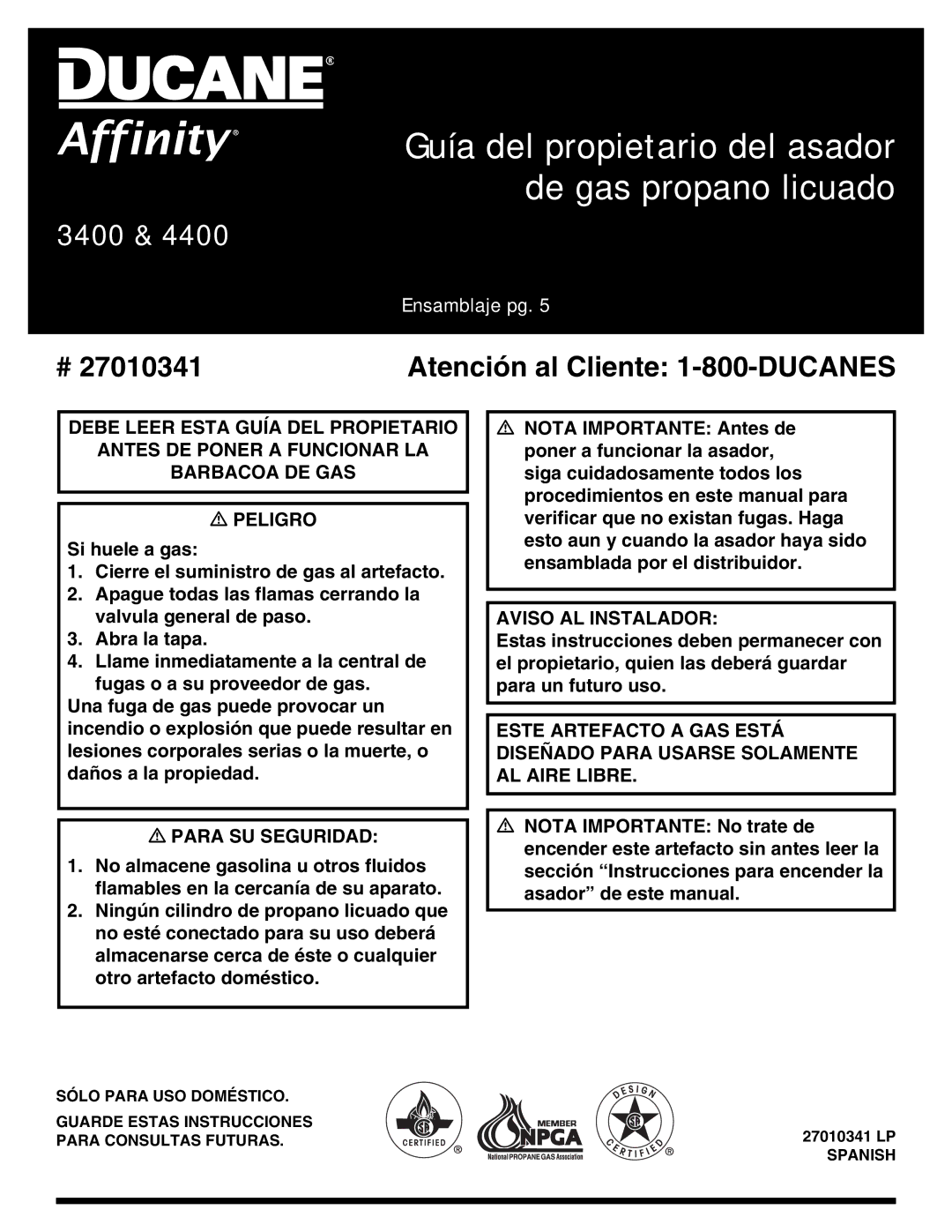 Ducane 3400 owner manual Guía del propietario del asador de gas propano licuado 