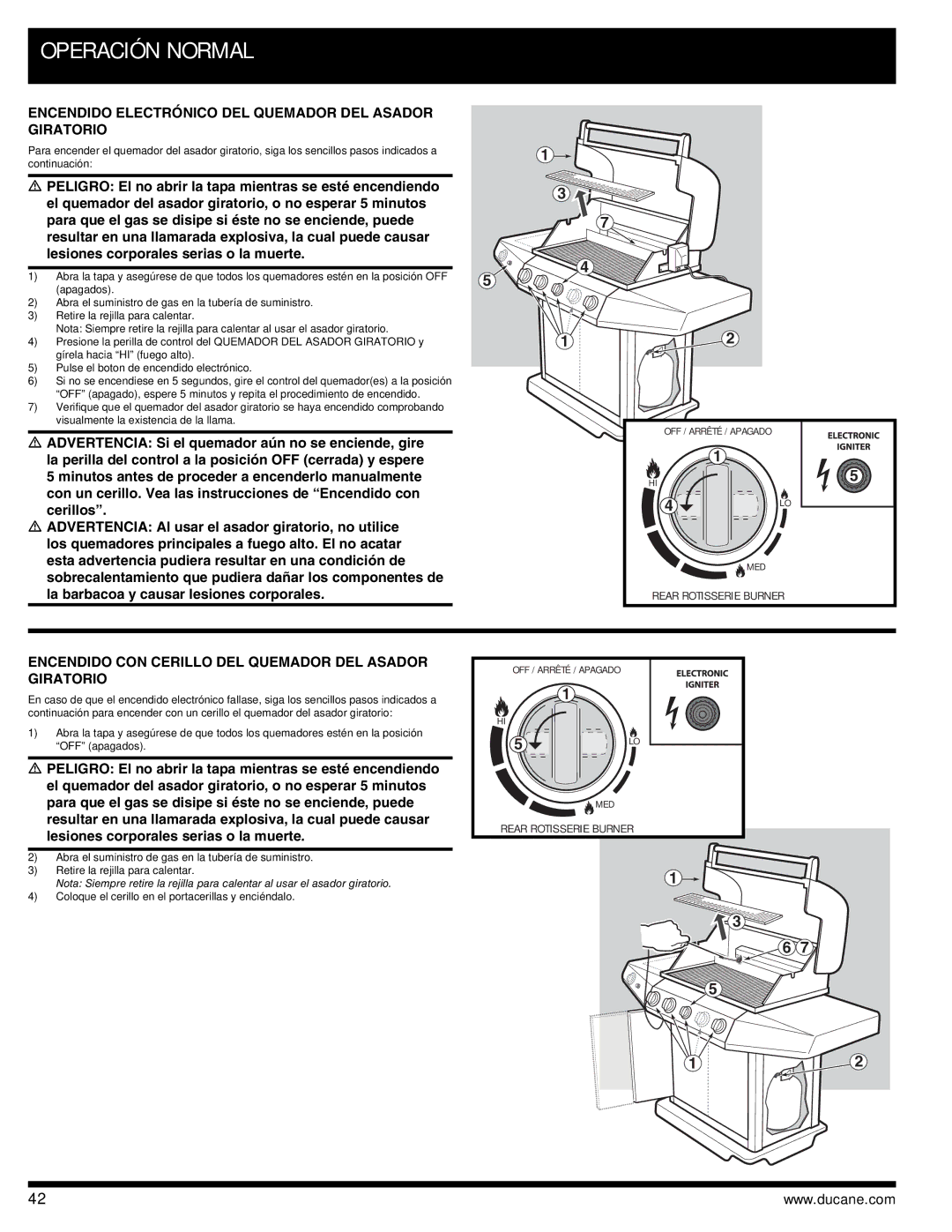 Ducane 3400 owner manual Encendido Electrónico DEL Quemador DEL Asador Giratorio 