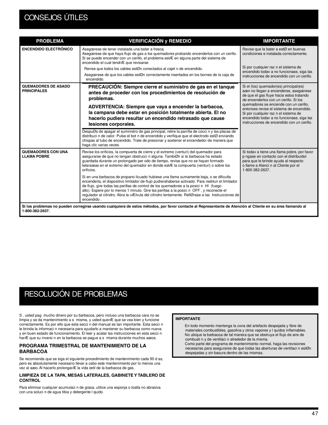 Ducane 3400 owner manual Resolución DE Problemas, Programa Trimestral DE Mantenimiento DE LA Barbacoa 