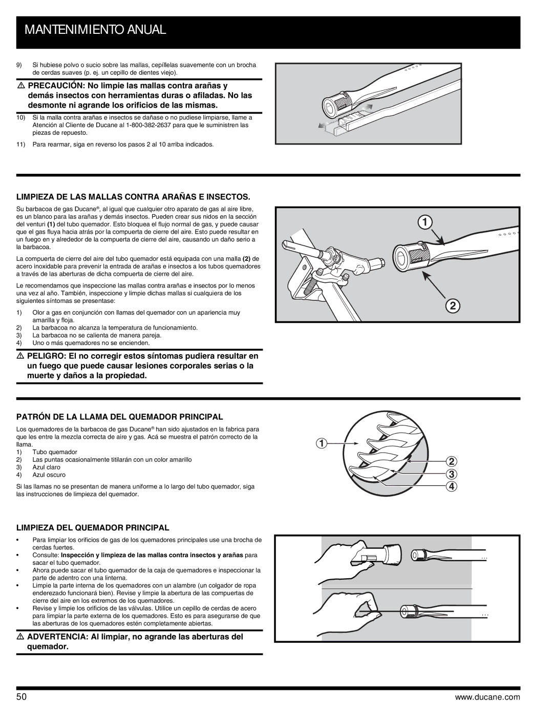 Ducane 3400 owner manual Limpieza DE LAS Mallas Contra Arañas E Insectos, Patrón DE LA Llama DEL Quemador Principal 