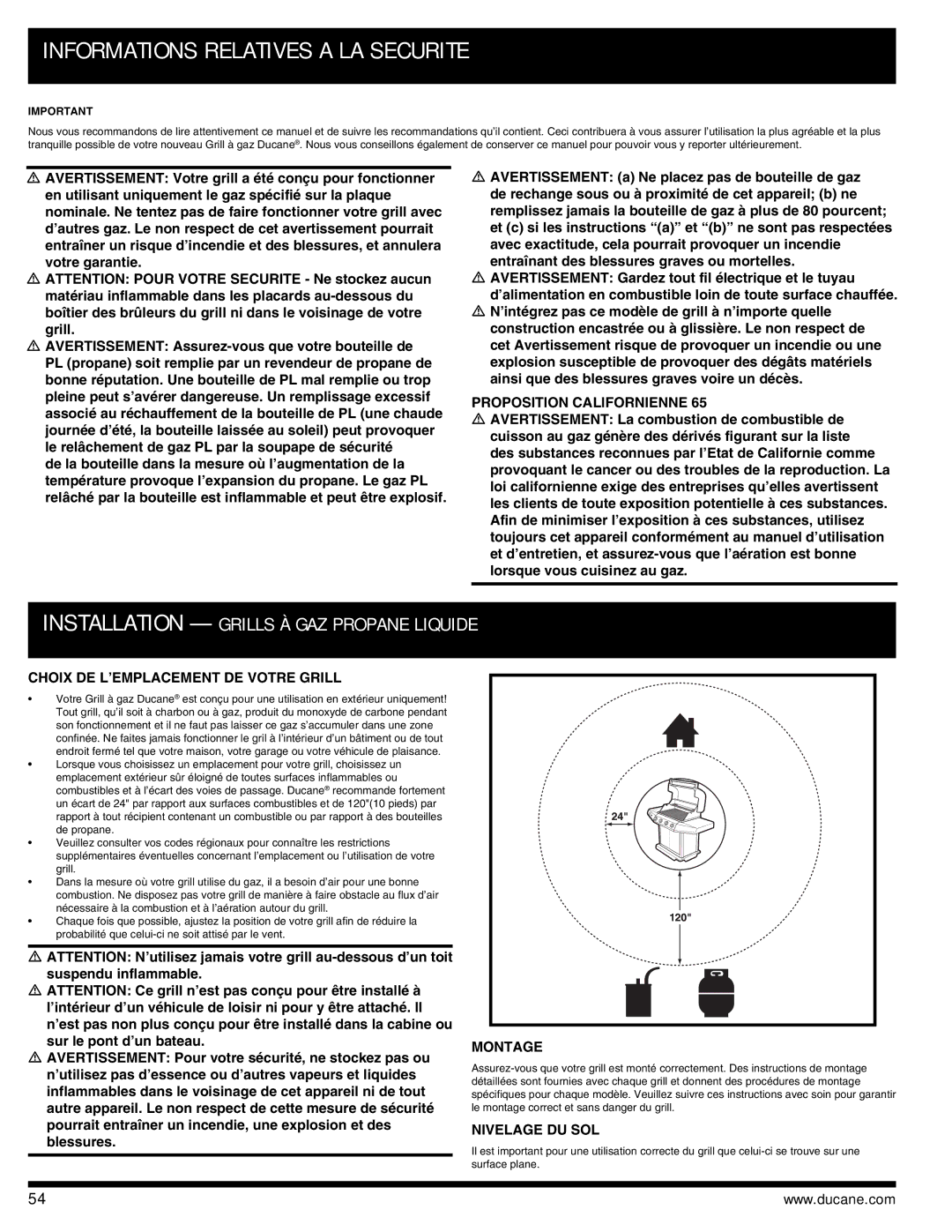 Ducane 3400 Informations Relatives a LA Securite, Choix DE L’EMPLACEMENT DE Votre Grill, Montage, Nivelage DU SOL 