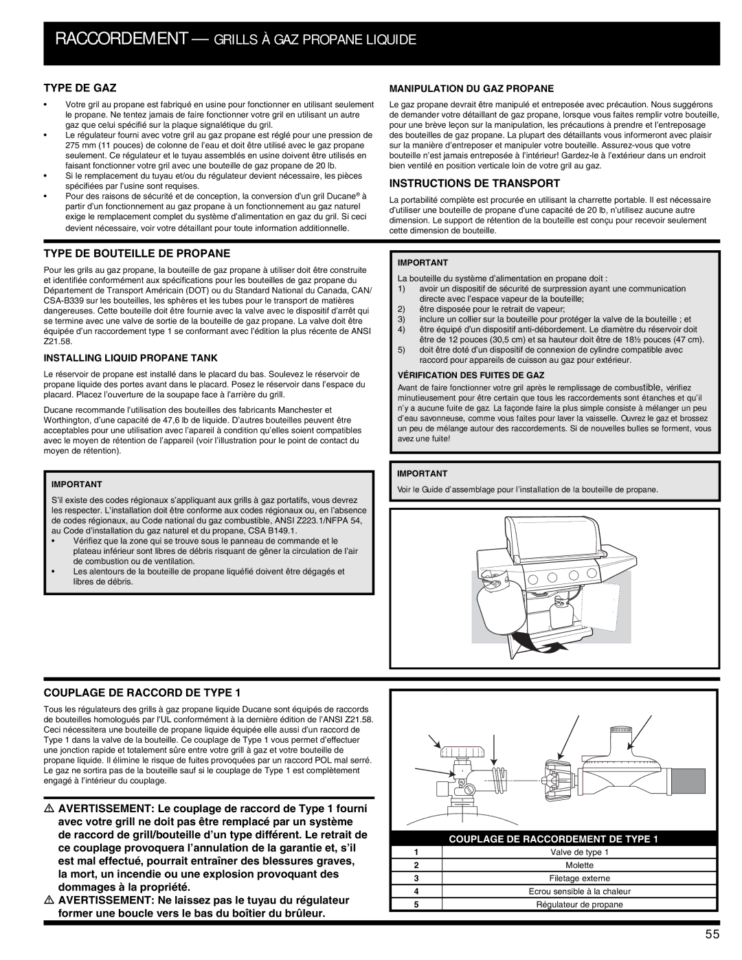 Ducane 3400 owner manual Type DE GAZ, Instructions DE Transport, Type DE Bouteille DE Propane, Couplage DE Raccord DE Type 