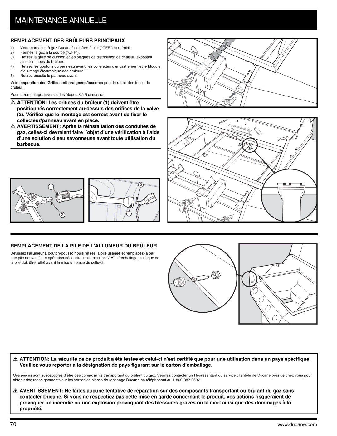 Ducane 3400 owner manual Remplacement DES Brûleurs Principaux, Remplacement DE LA Pile DE L’ALLUMEUR DU Brûleur 