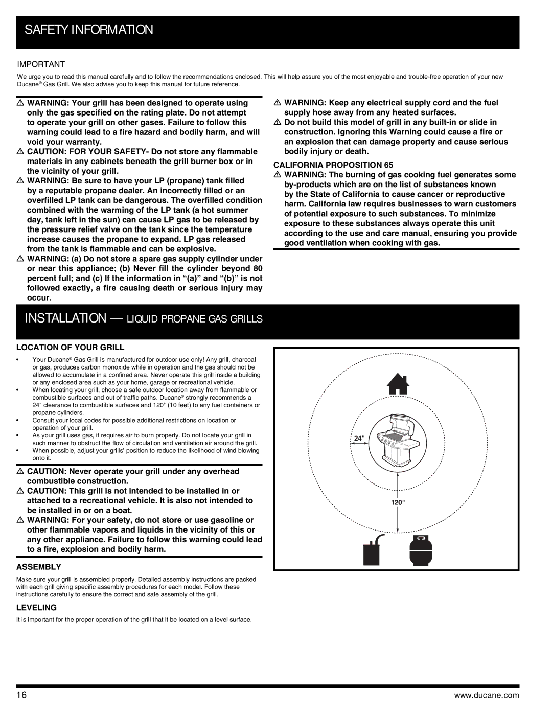 Ducane 3400 owner manual Safety Information, California Proposition, Location of Your Grill, Assembly, Leveling 